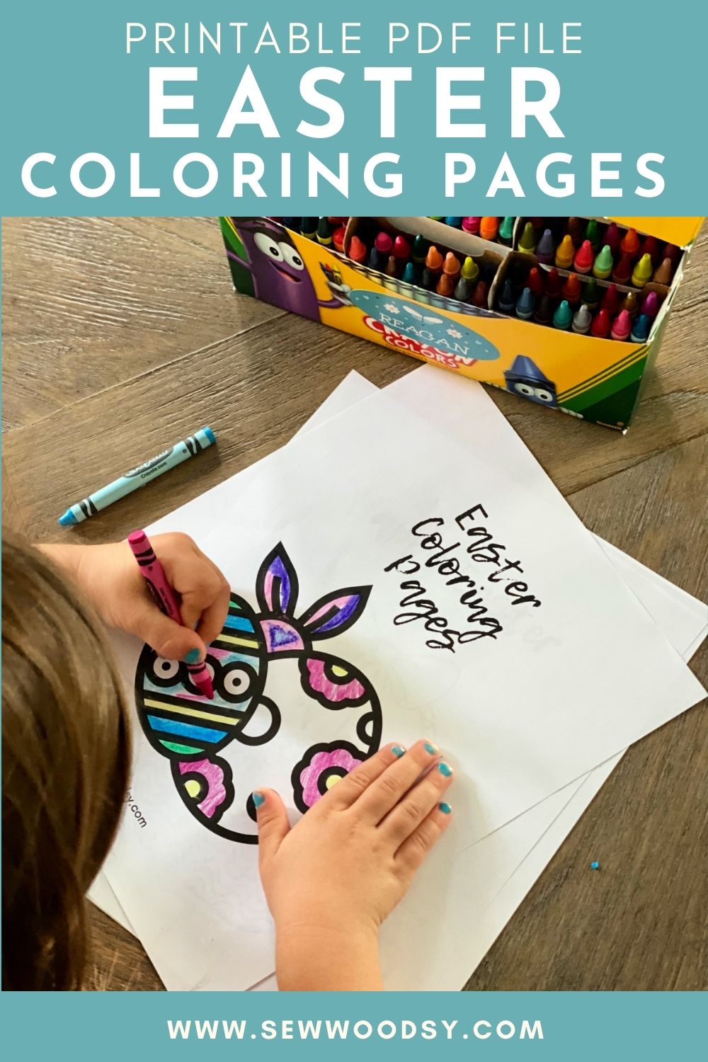 Little girl with blue nails coloring an easter coloring sheet with text on image for Pinterest.
