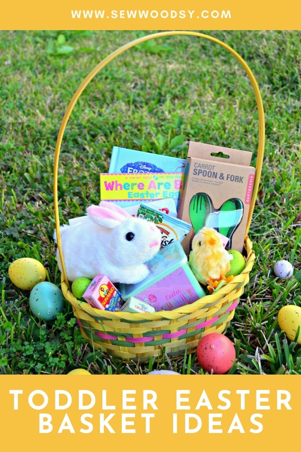 Yellow basket filled with toys on grass with text on image for Pinterest.