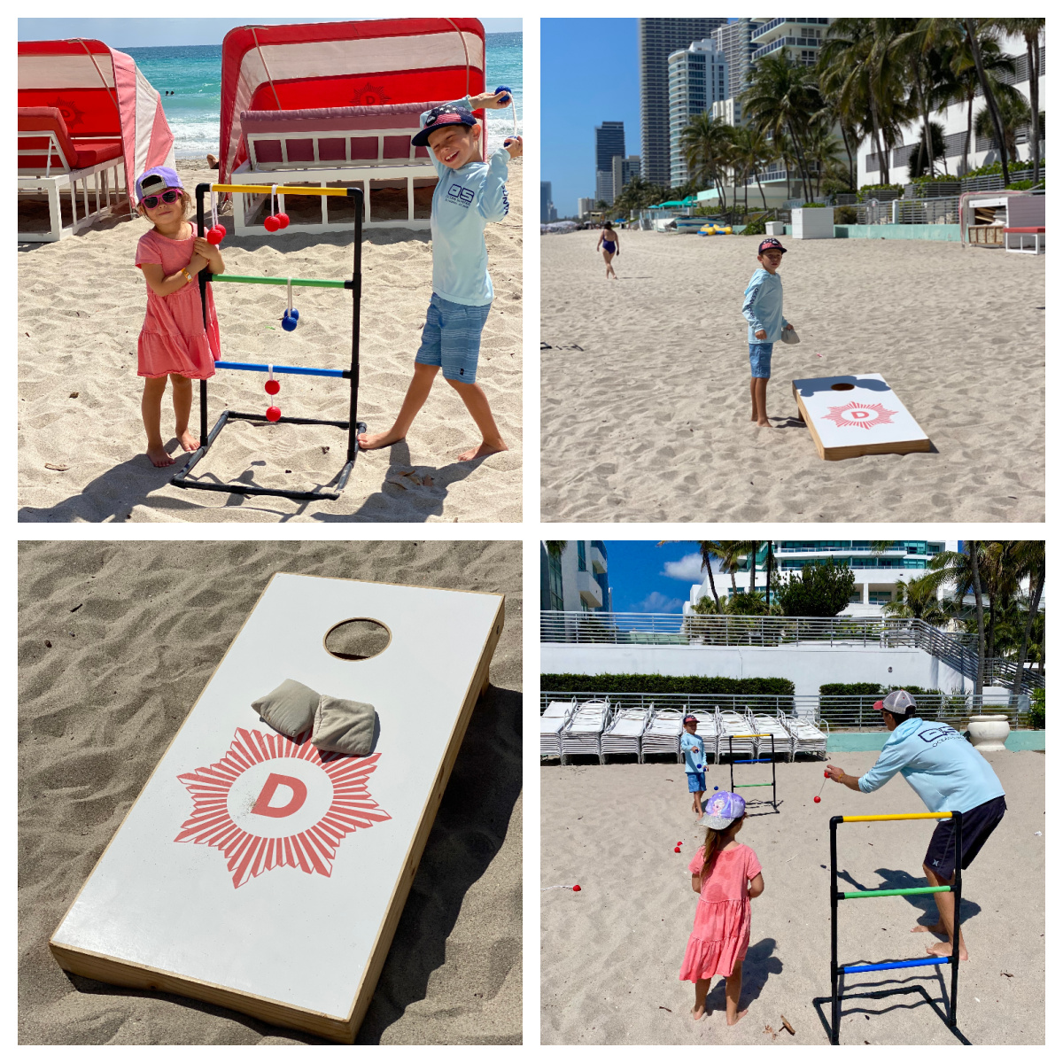 Kids playing bean bag toss and ladder golf on the beach.