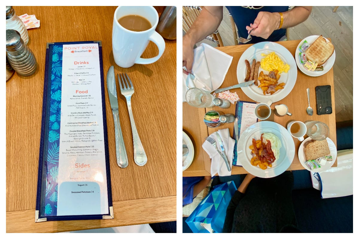 Menu on table and two breakfast plates.