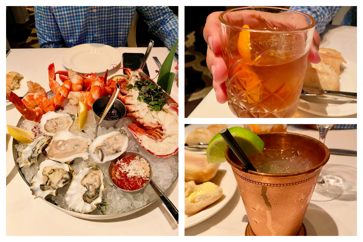 Seafood tower with two different drinks.