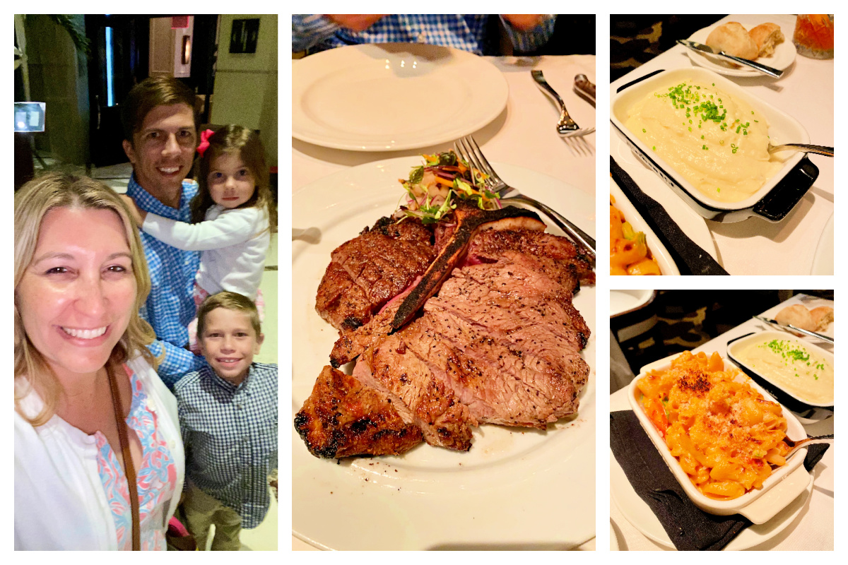 Family of four at a steakhouse with steak, mashed potatoes, and macaroni and cheese.