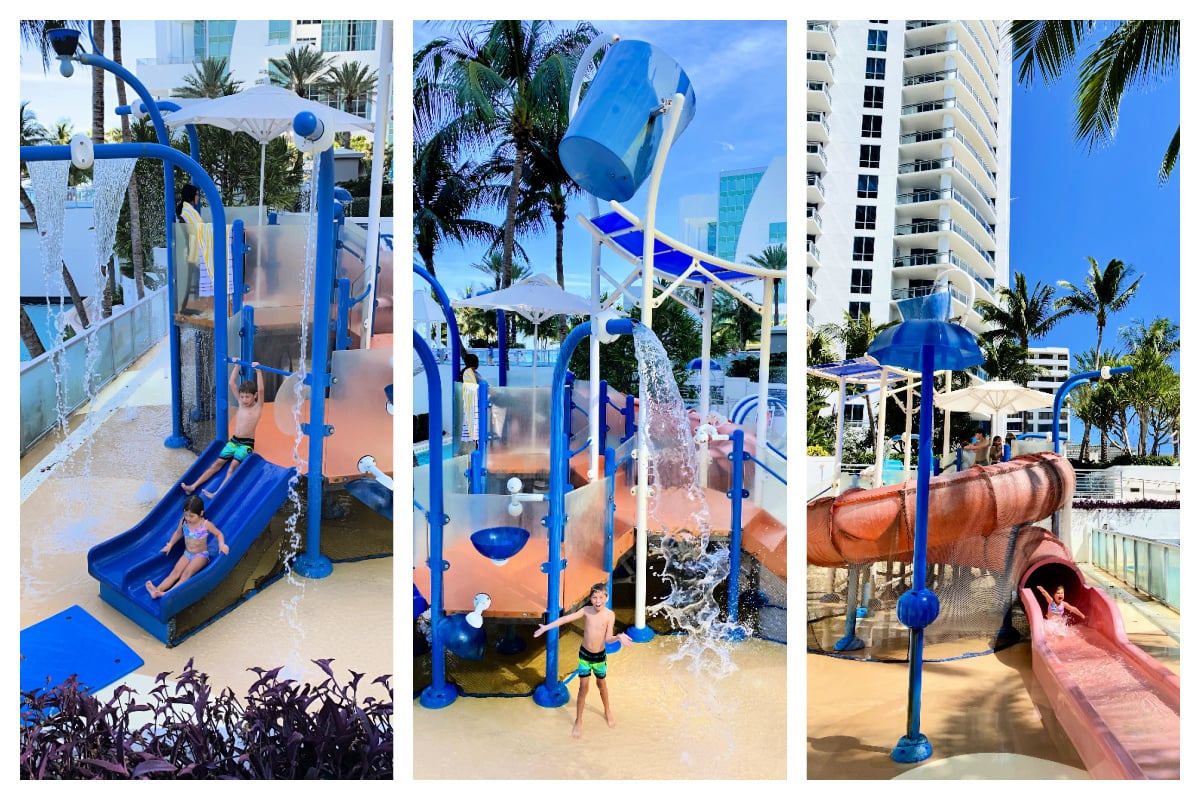 Three different views of a kids water park with kids playing.