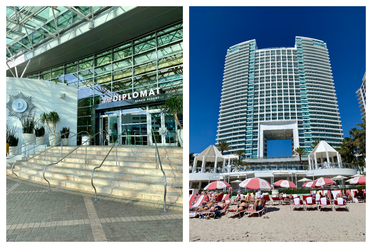 Front view of a hotel and back view of the same hotel on the beach.