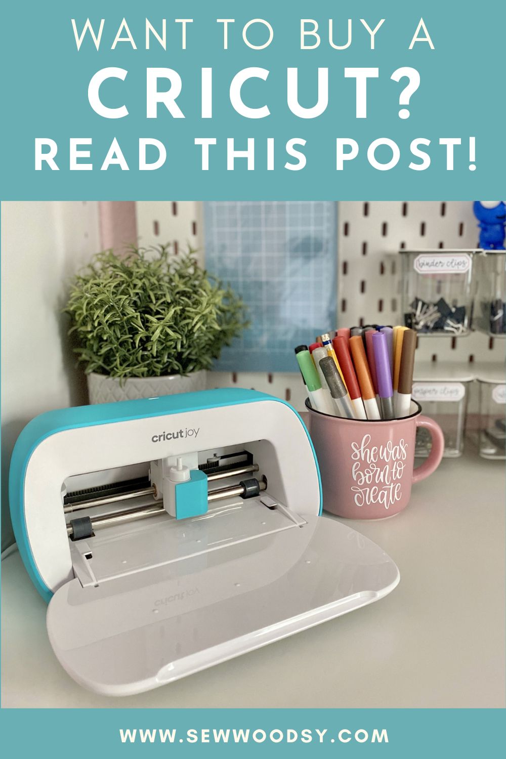 White and blue Cricut Joy with text on image for Pinterest.