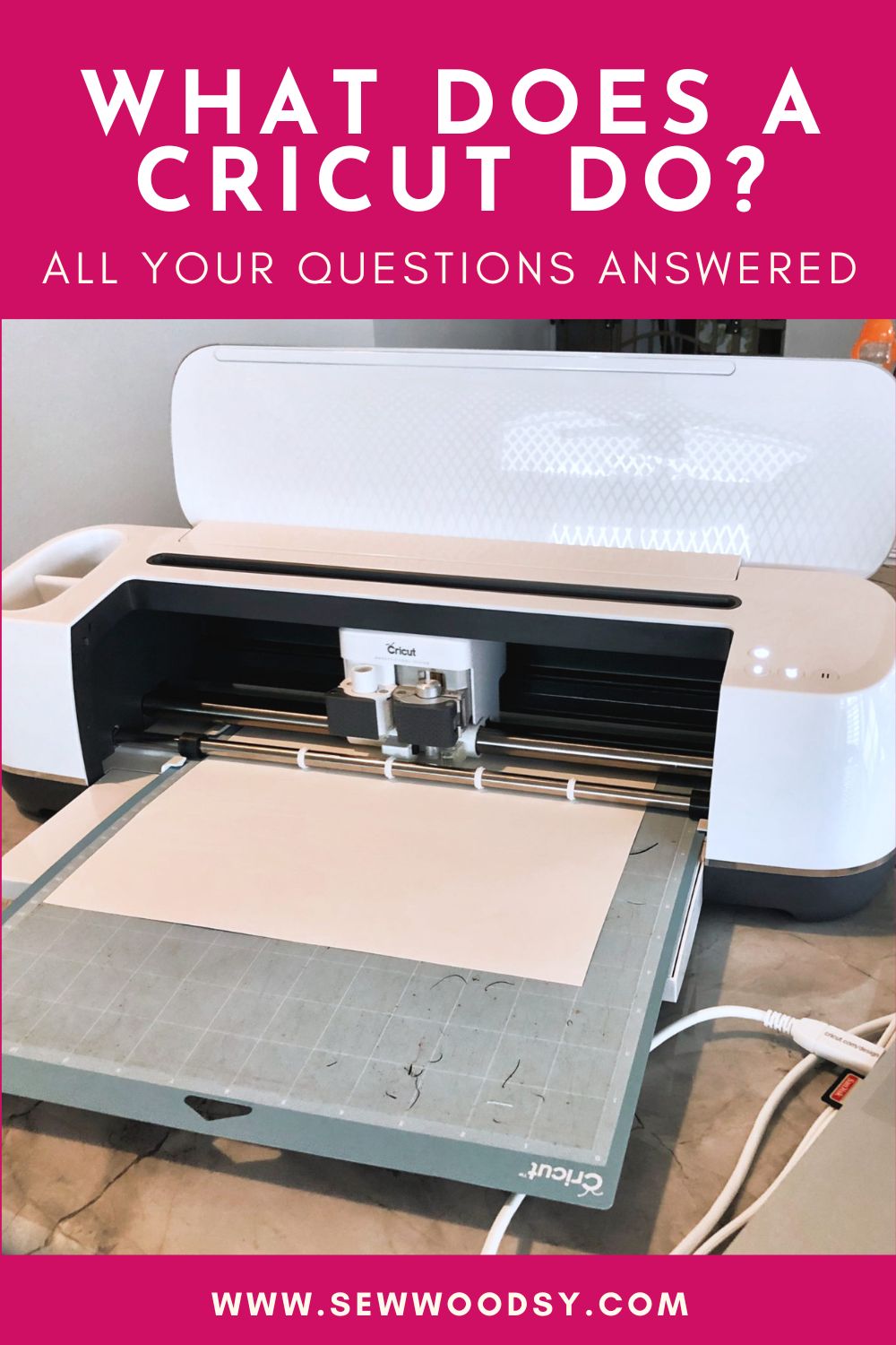 White Cricut machine with post title text on image for Pinterest.