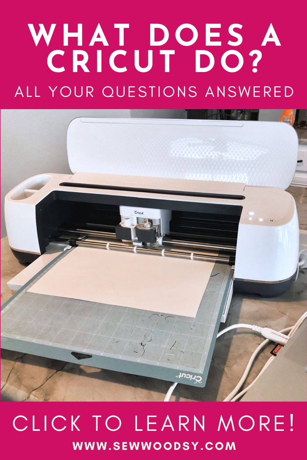 White Cricut machine with blue mat and text on image for Pinterest.