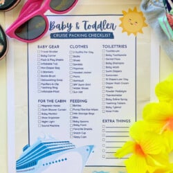 Paper packing list with pink sunglasses on top and yellow lei on the side.