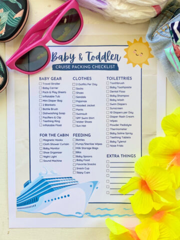 Paper packing list with pink sunglasses on top and yellow lei on the side.