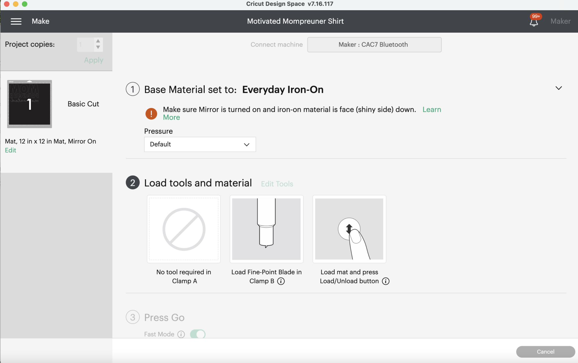 Screen shot of Cricut Design Space cutting settings.