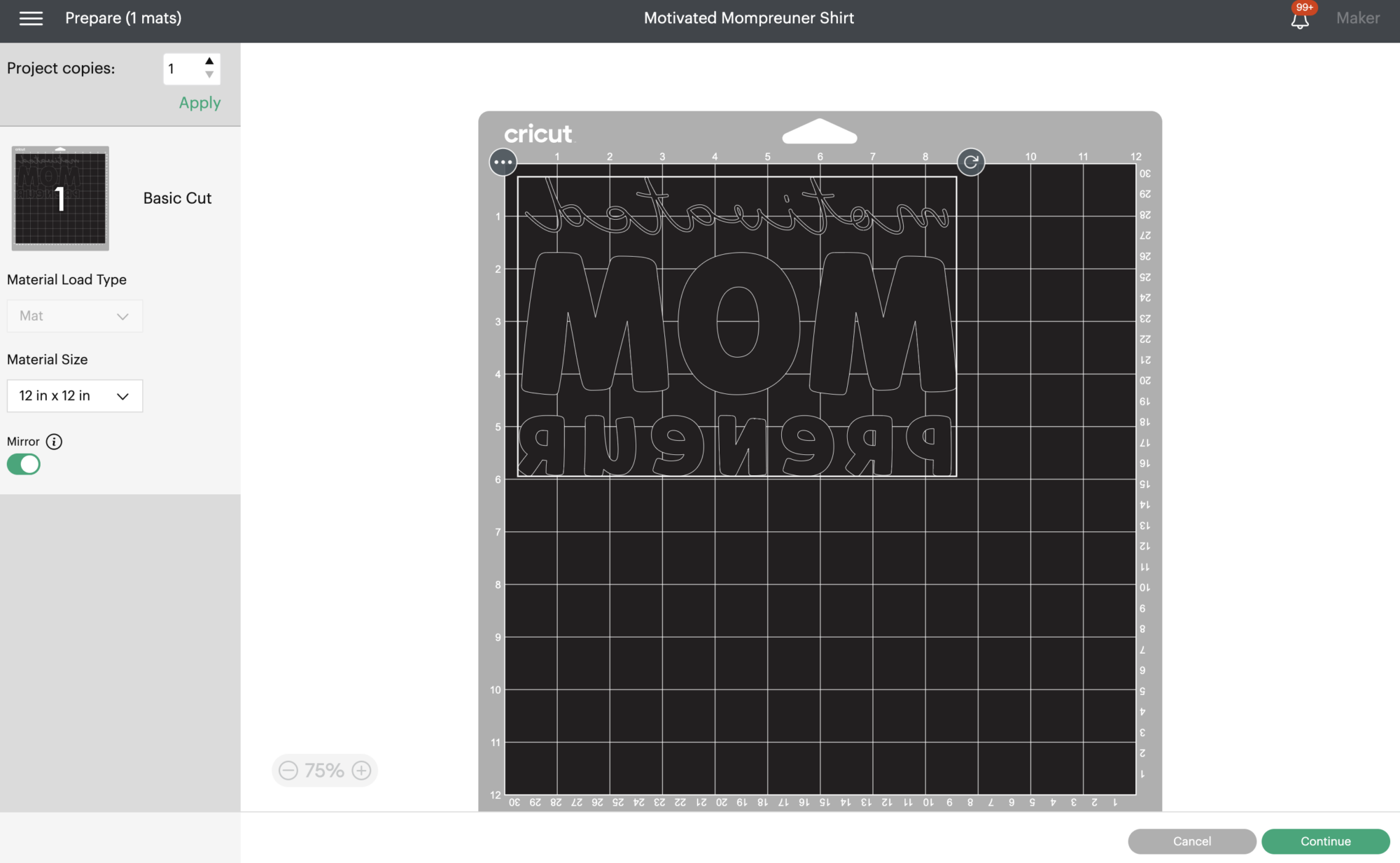 Screenshot of mirrored design before preparing to cut on Cricut Design Space.