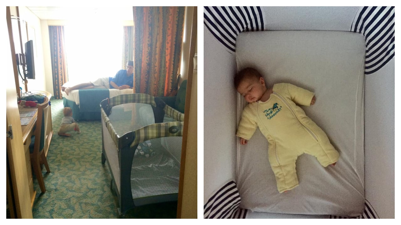 pack and play in a cruise ship room and another photo of a baby sleeping.
