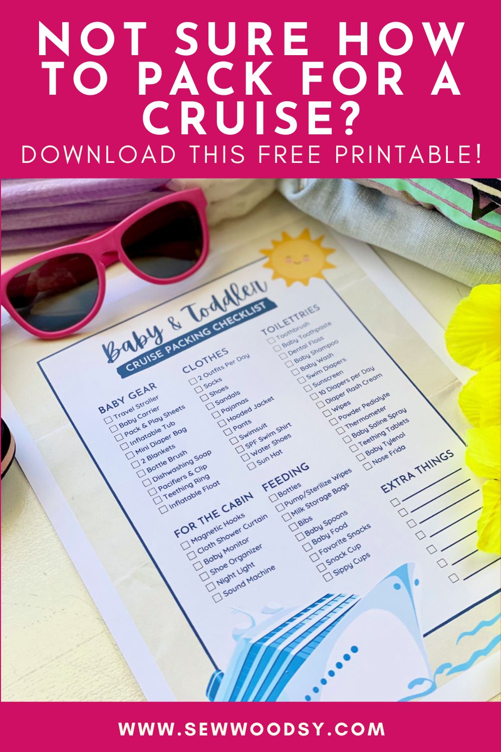Printable checklist with sunglasses and text on image for Pinterest.