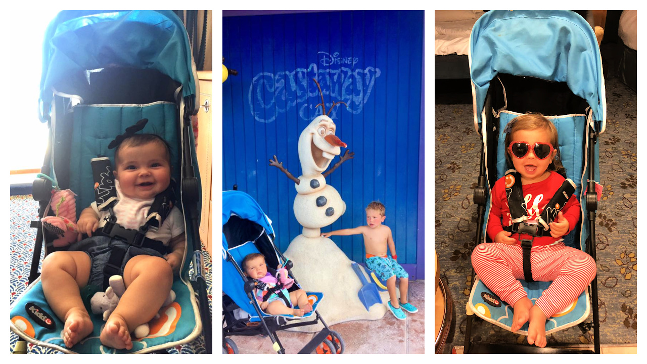 three different babies in a stroller.