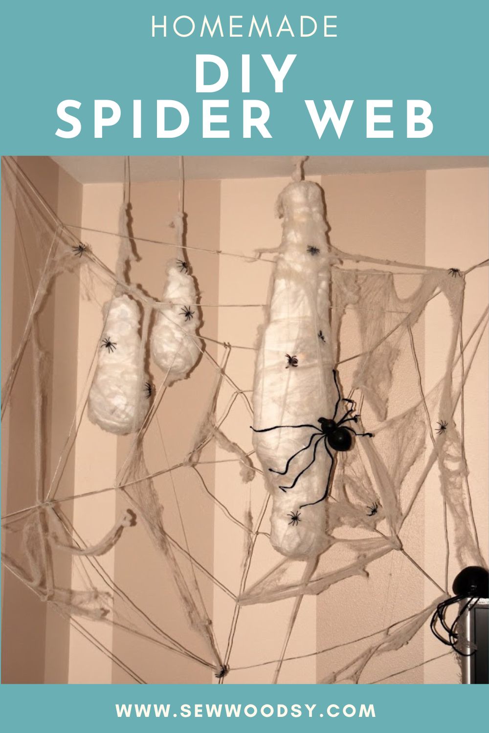 Homemade large spider web with mummy person and large spider with text on image for Pinterest.