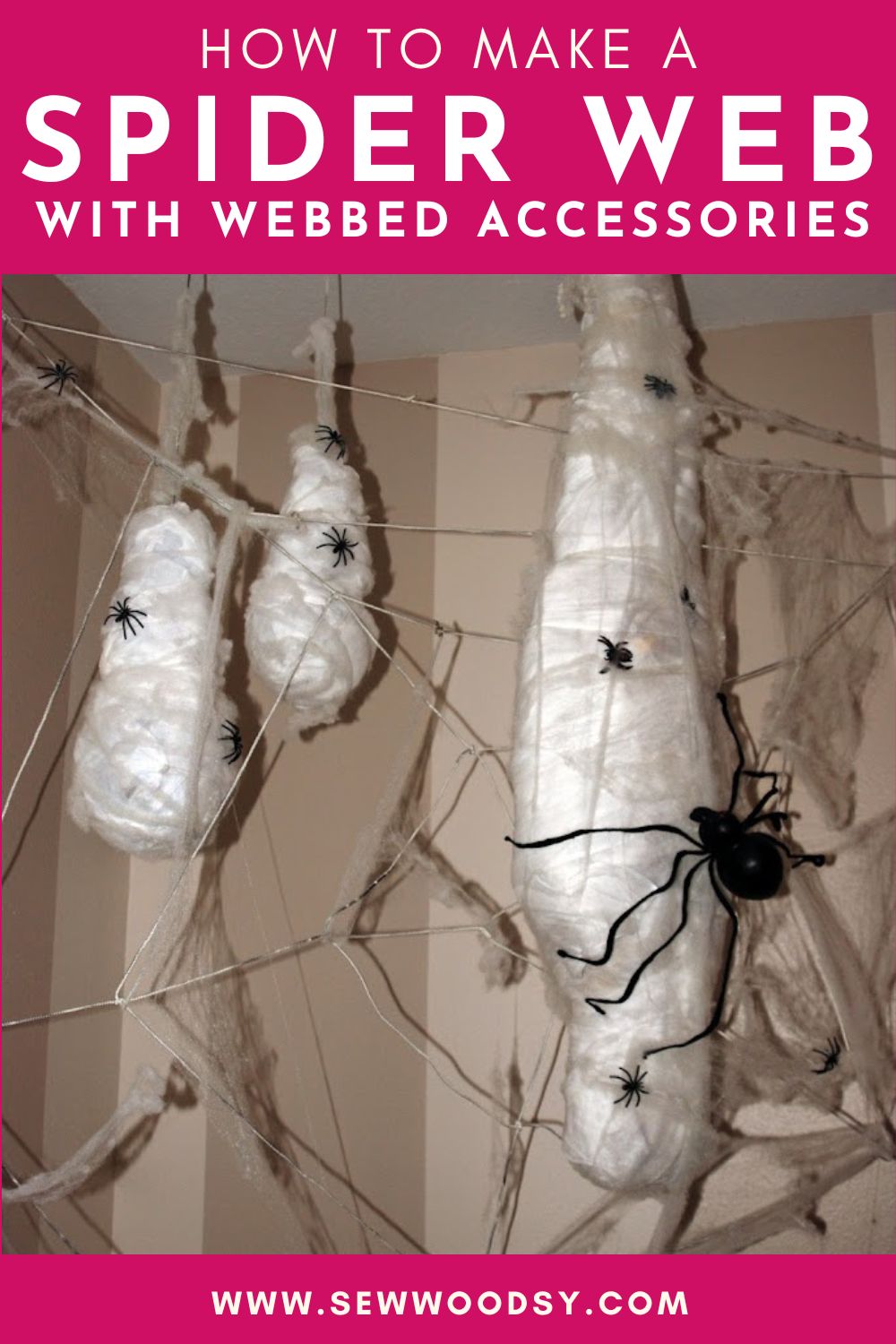 Spider web with webbed person and sacks with text on image for Pinterest.