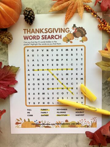 Word search with a turkey on it that reads "thanksgiving word search".