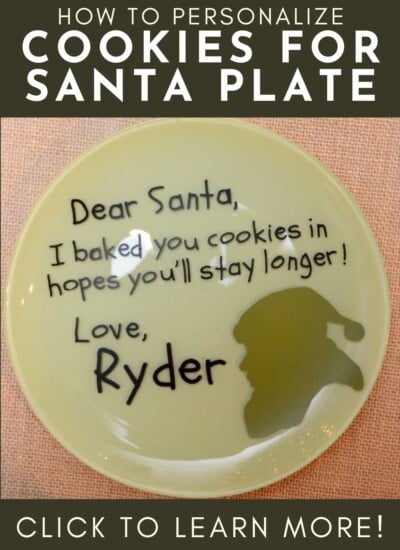 Green plate with text on it for Santa with text on image for Pinterest.