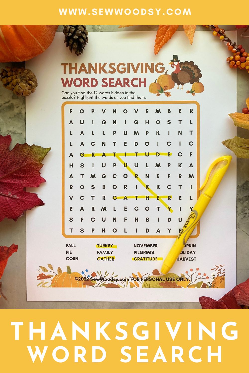 Word search paper witth yellow highlighted words with text on image for Pinterest.