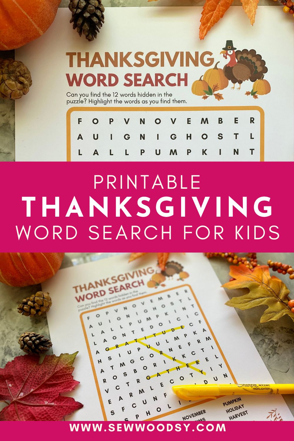 close up of word search paper divided by title for Pinterest with a photo below of a wordsearch and yellow pen.