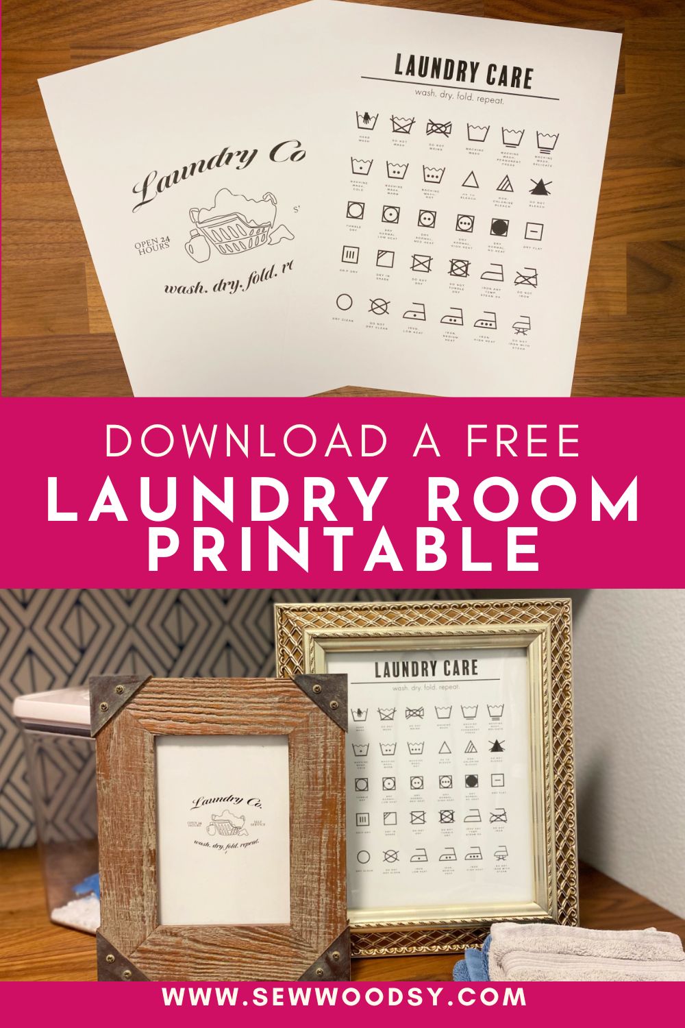 Top photo of two laundry printables divided by text on image for Pinterest with two framed pictures.