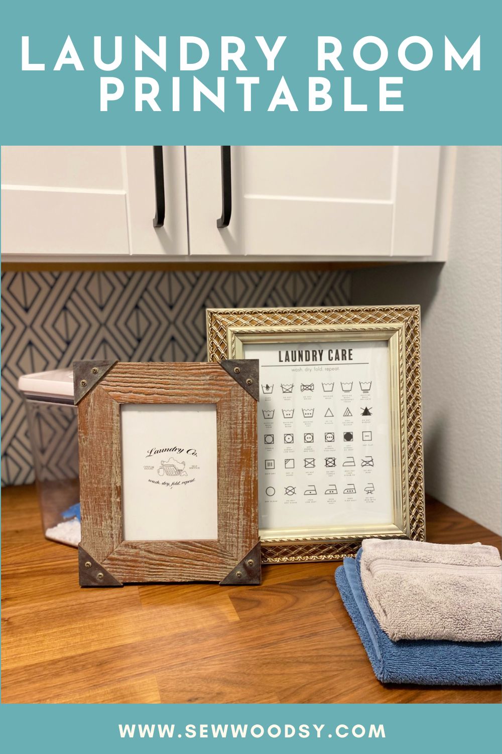 A gold picture frame with a wooden picture frame with laundry printables in them and text on image for Pinterest.