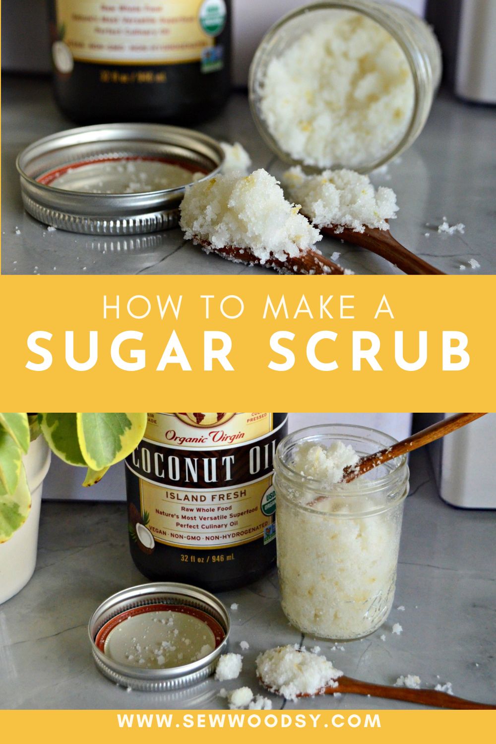 Two photos of sugar scrub in a mason jar with recipe title text on image for Pinterest.