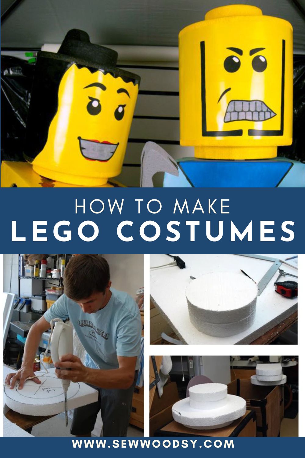 Man and female lego divided by text on image for Pinterest with a man carving foam and 2 other photos of foam circles.