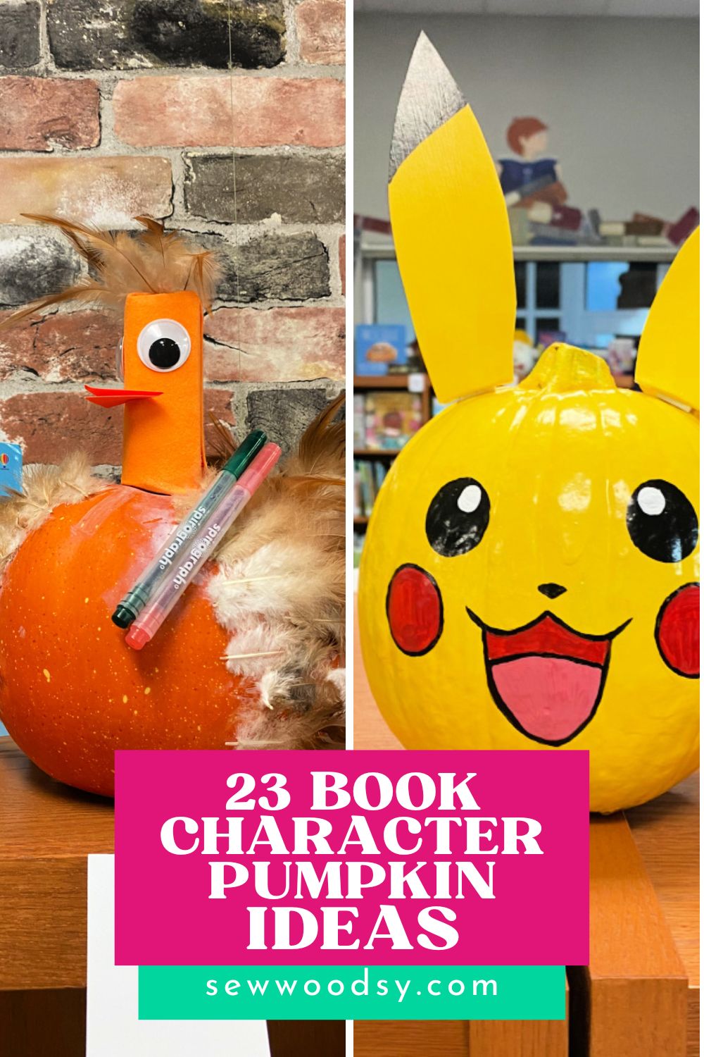 Yellow pikachu pumpkin, and orange bird pumpkin with text on image for Pinterest.