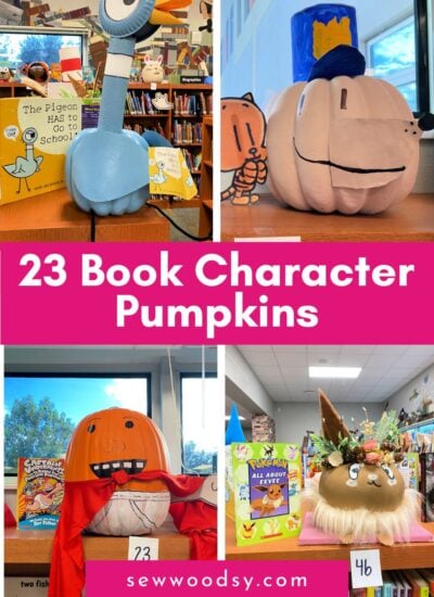 Pigeon pumpkin, dogman pumpkin, captain underpants pumpkin, eevee pumpkin with text on image for Pinterest.