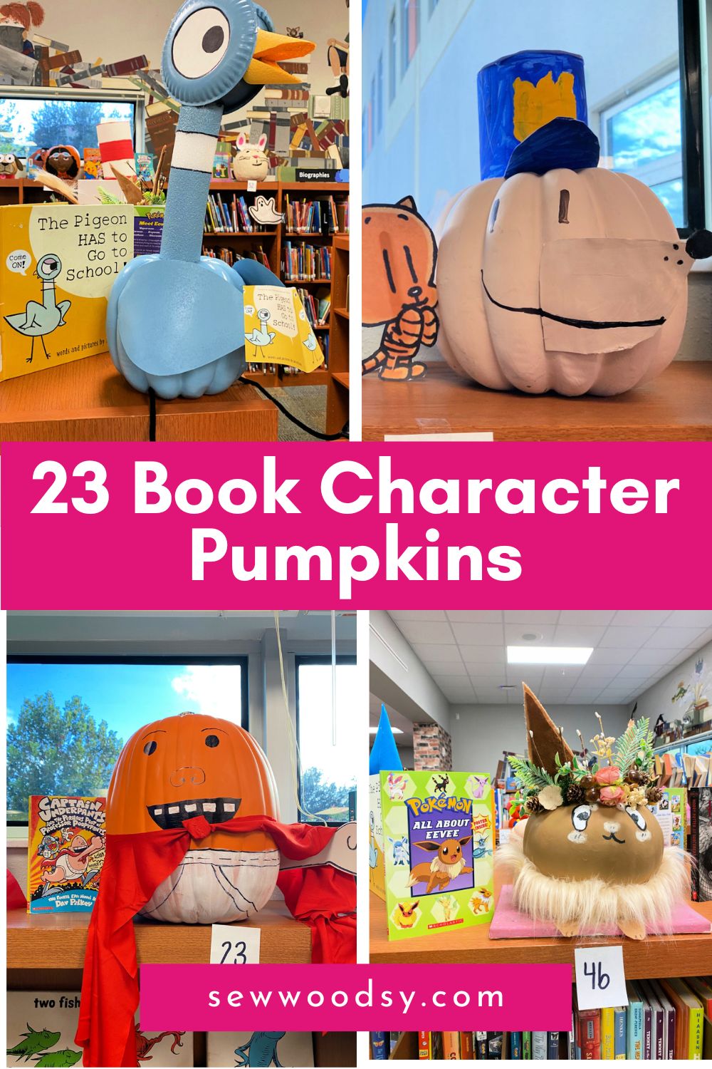 Pigeon pumpkin, dogman pumpkin, captain underpants pumpkin, eevee pumpkin with text on image for Pinterest.