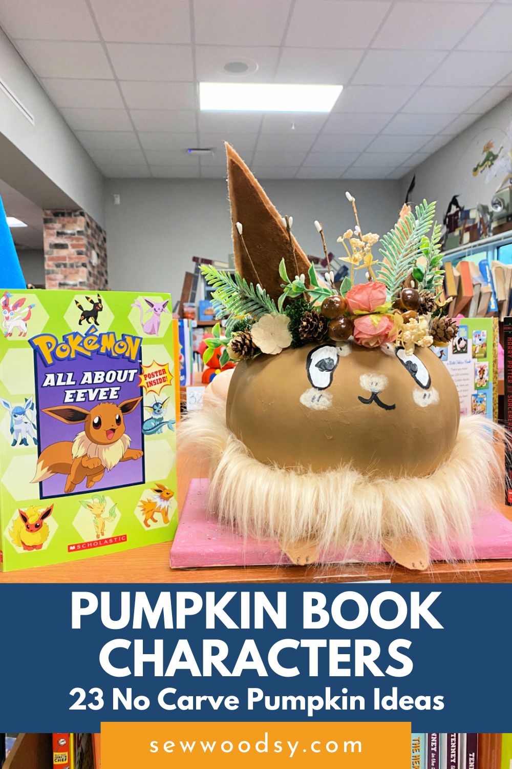 Brown eevee pumpkin in a library with text on image for Pinterest.