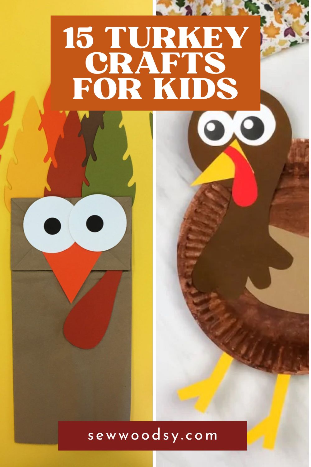 Paper bag turkey puppet and brown turkey paper plate craft with text on image for Pinterest.