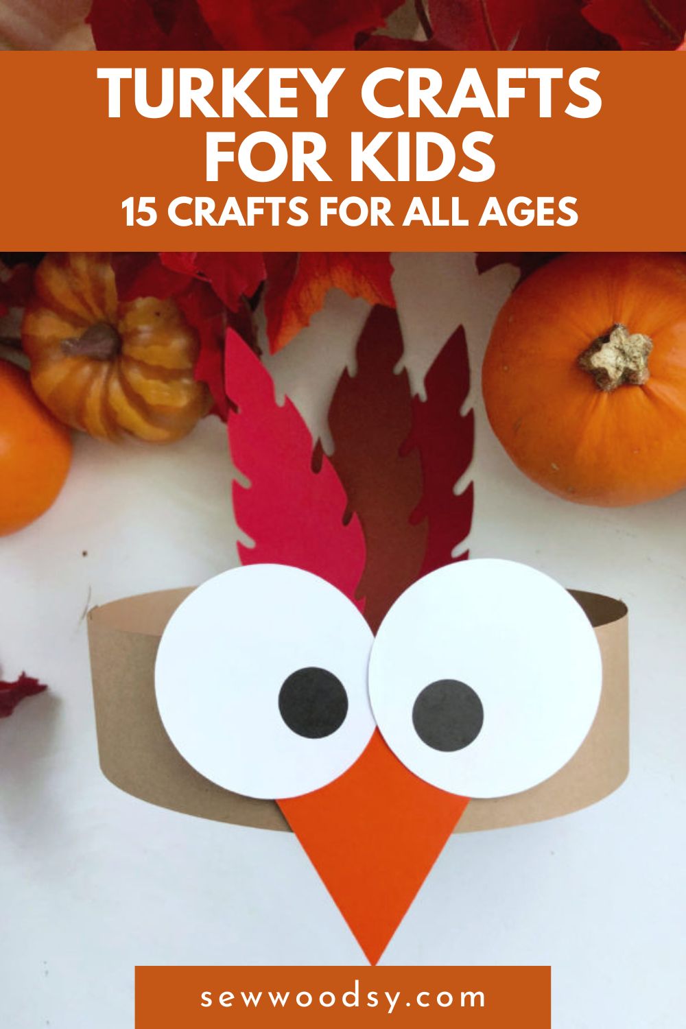 Brown turkey paper headband with eyes with text on image for Pinterest.