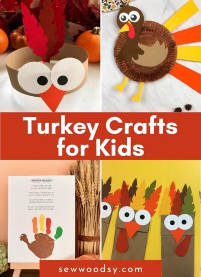 Turkey paper headbands, turkey paper plate craft, turkey handprint craft, and paper bag puppets that look like turkeys with text on image for pinterest.