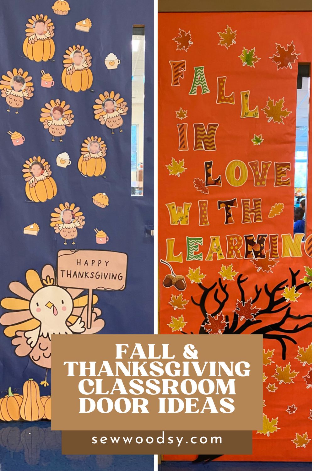 Two fall decorated classroom doors with text on image for Pinterest.