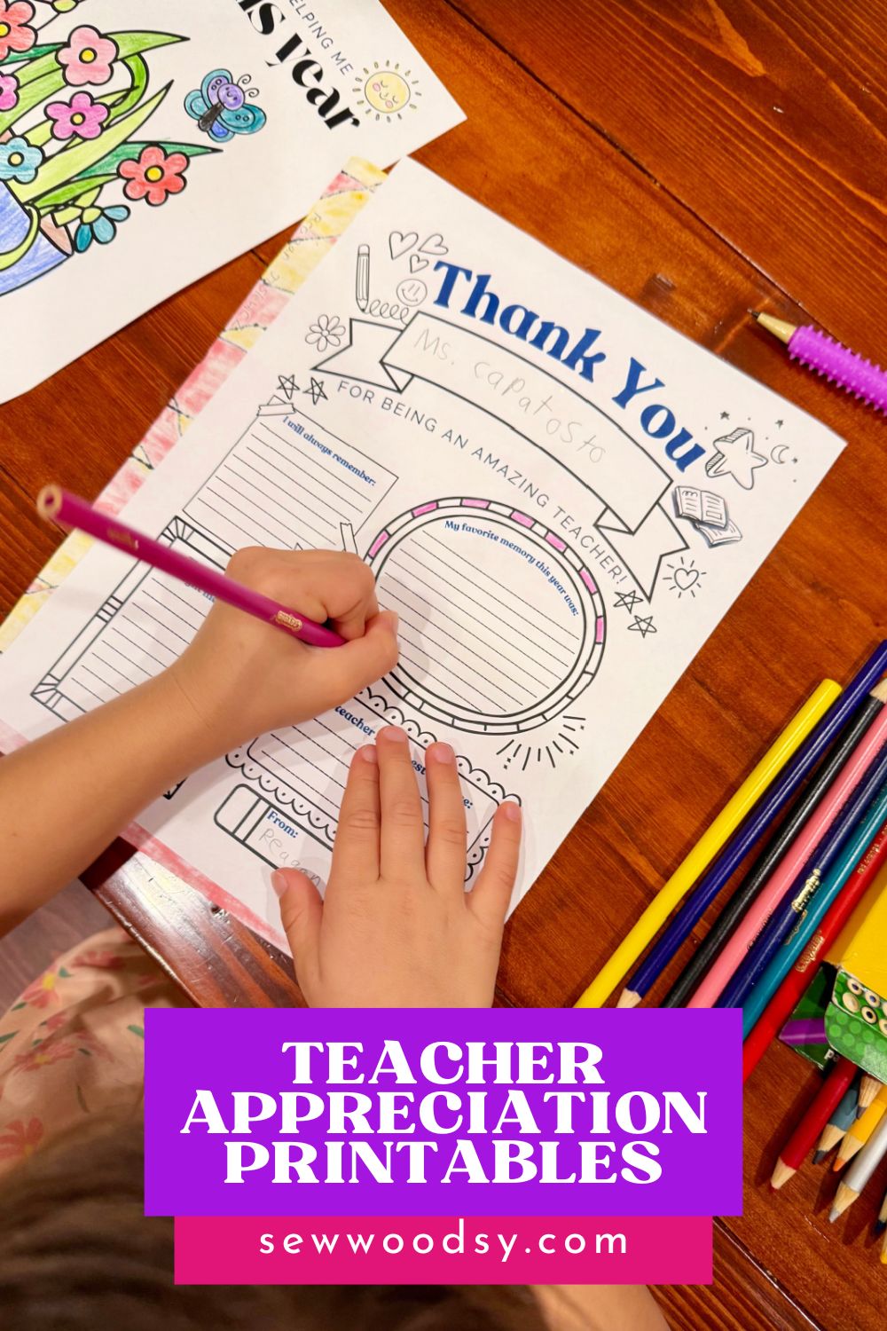 Girls hand coloring a sheet with text on image for pinterest.
