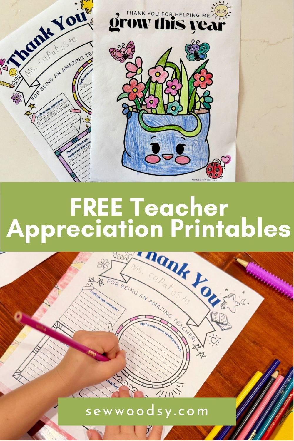Two printables colored divided text on image for Pinterest with a girls hand writing on a paper below.