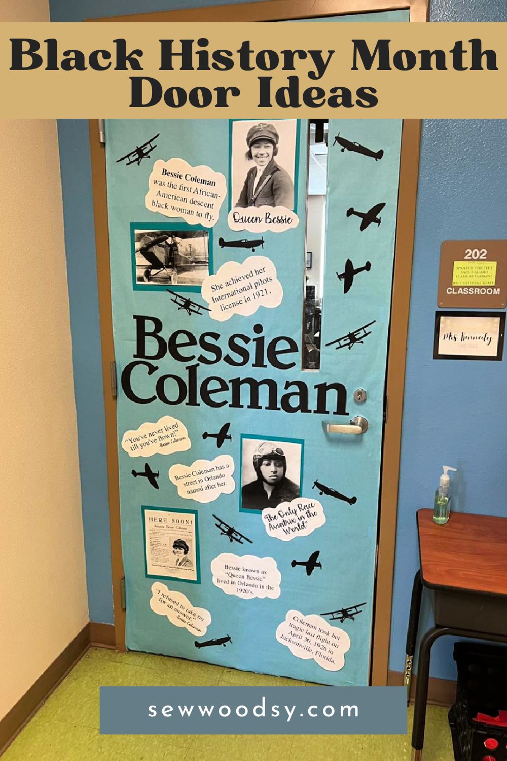 Bessie Coleman school door with text on image for Pinterest.