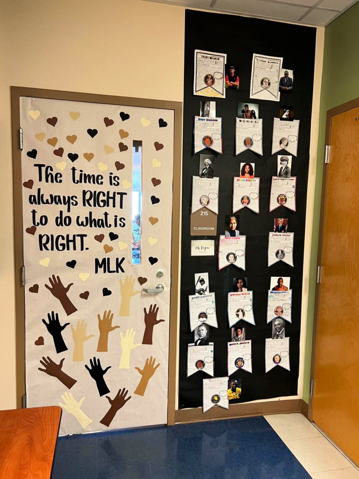White door with different shades of brown hearts with a quote from MLK.